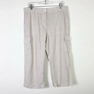 Talbots Tan & White Striped Linen Blend Cropped Ankle Cargo Pants Size 12